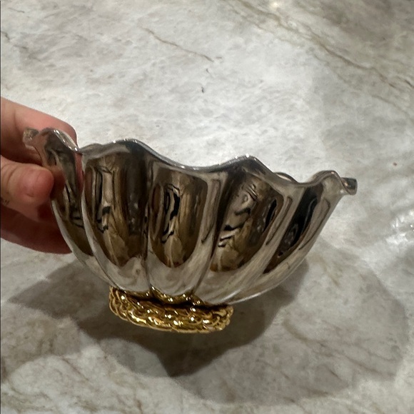 Vintage Polished nickle Silver scalloped Fluted Bowl with Gold Base